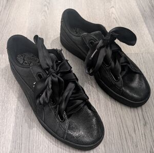 Puma Heart Basket Black Satin Ribbon Lace Sneakers Women's 9 Soft Goth
